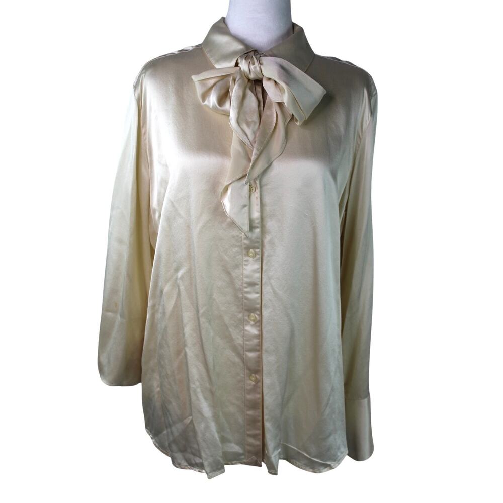 VTG 90s Lauren Ralph Lauren 100% Silk Blouse Button Up Shirt With Sash Scarf 16W - Picture 2 of 16